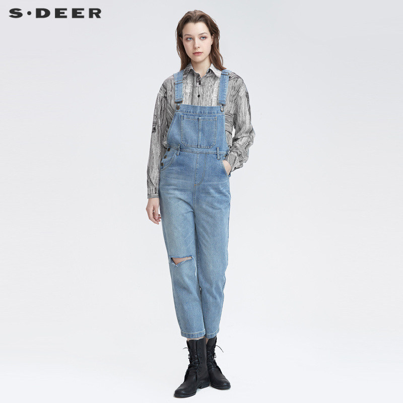 S·DEER圣迪奥女装秋个性磨破插袋水洗背带牛仔长裤S22180