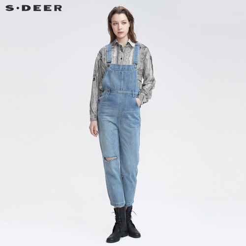 s.deer个性水洗背带牛仔长裤