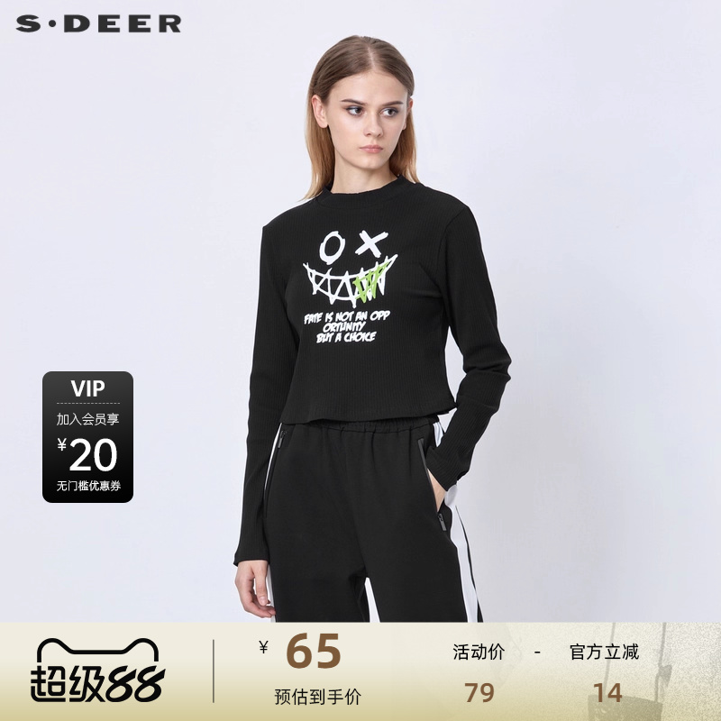 s.deer罗纹圆领胶花长袖T恤