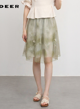 sdeer圣迪奥女装田园风松紧碎褶晕染网纱A字短裙S242Z1302