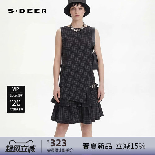 sdeer圣迪奥女装26年新品潮酷风圆领抽褶无袖连衣裙S262Z1208