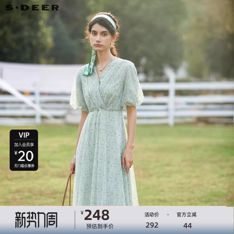 sdeer圣迪奥女装清新文艺V领网纱收腰碎花连衣裙S242612