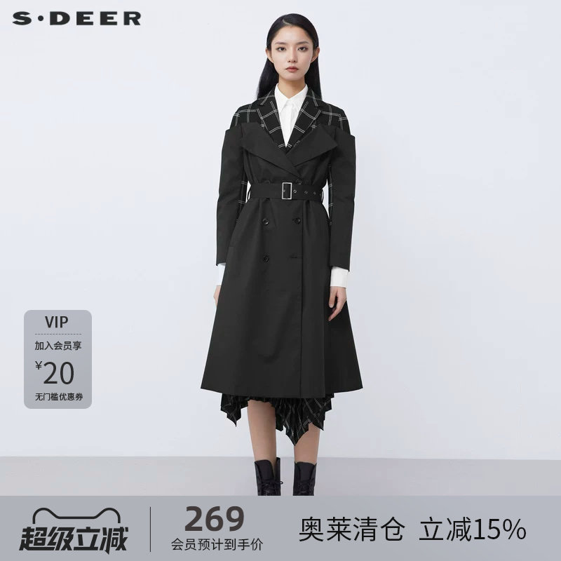 sdeer圣迪奥女装2025秋款休闲西装领格纹拼接长款风衣S21381808