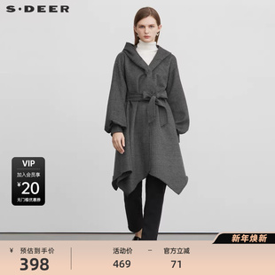 sdeer圣迪奥女装 毛呢大衣S224Z2502 连帽格纹收腰泡泡袖