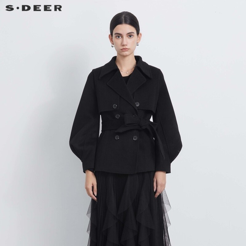 s.deer泡泡袖短款毛呢大衣