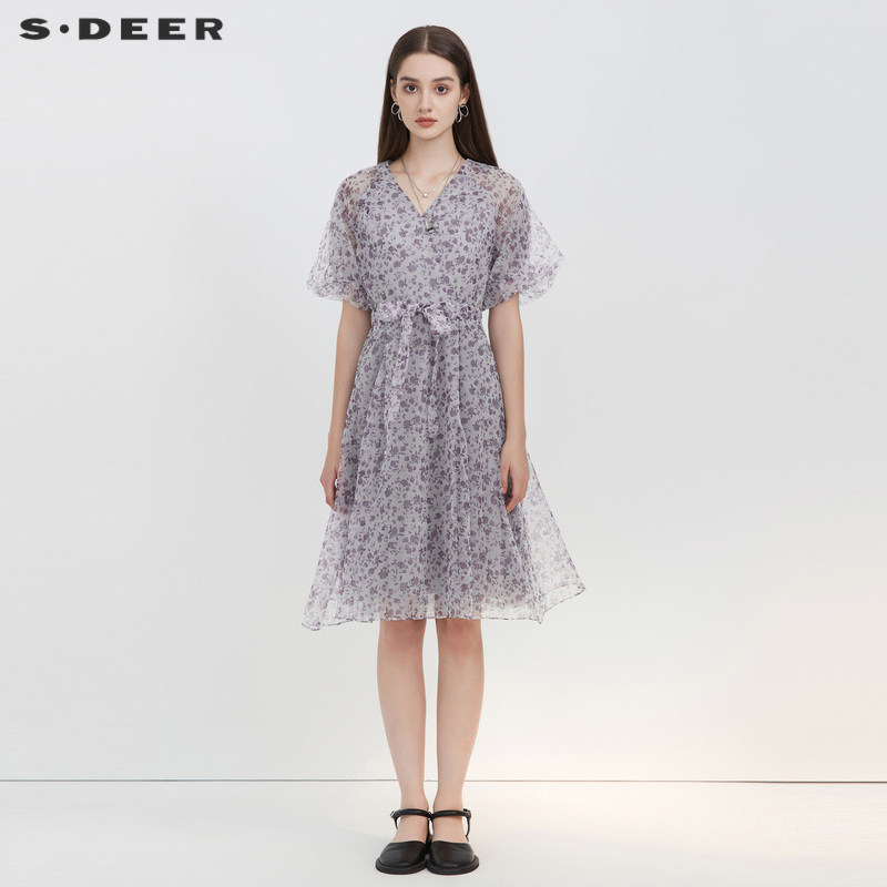 sdeer圣迪奥女装V领碎花收腰泡泡袖连衣裙S223Z12Y3