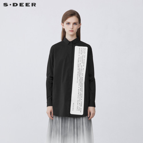 s.deer休闲翻领字母黑色衬衫
