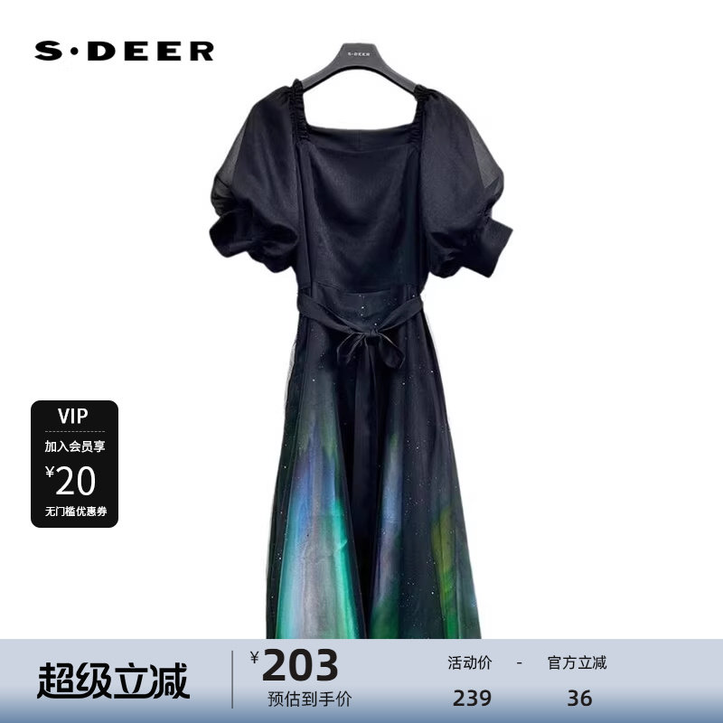 sdeer圣迪奥女装方领收腰晕染网纱泡泡袖连衣裙S233Z1233
