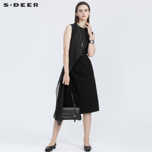 s.deer设计感收腰拼接无袖连衣裙