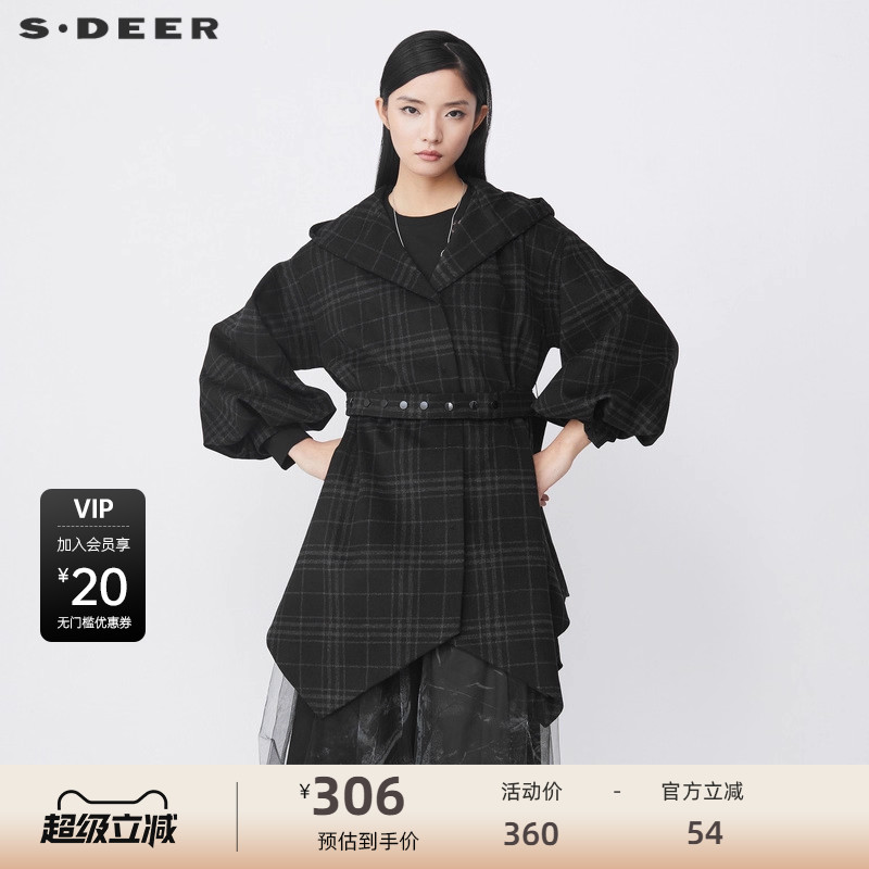 连帽大衣  撞色格纹  不规则摆