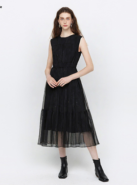 sdeer圣迪奥女装圆领碎褶收腰网纱无袖连衣裙S242Z1276