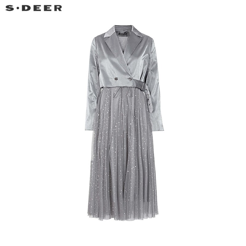 sdeer圣迪奥女装OL风西装领网纱不规则连衣裙套装S243Z1407