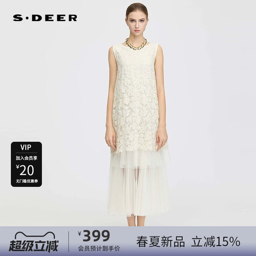 sdeer圣迪奥女装复古圆领绣花网纱无袖连衣裙S252Z12F3