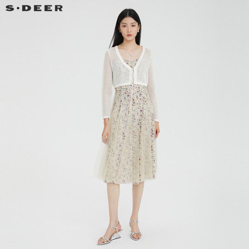 【波嬉系】sdeer圣迪奥清新碎花网纱针织连衣裙套装S232Z1
