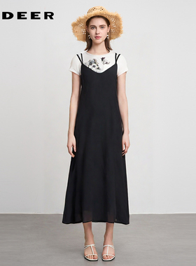 sdeer圣迪奥女装圆领印花撞色针织衫吊带裙套装S242Z1438