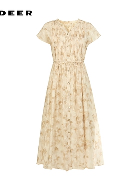 sdeer圣迪奥女装25年新品V领风琴褶收腰两件套连衣裙S252Z12D1