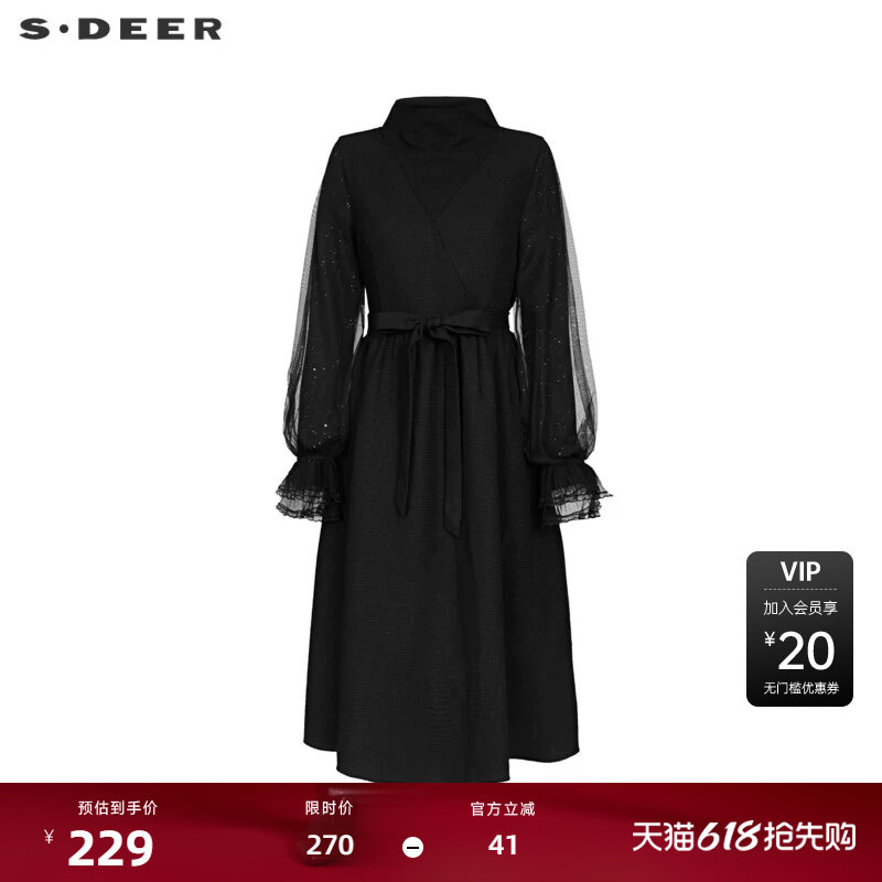 sdeer圣迪奥秋高领收腰网纱拼接花边连衣裙S233D1215