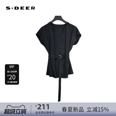 sdeer圣迪奥女装OL风V领收腰垂坠雪纺短袖衬衫S242Z0442