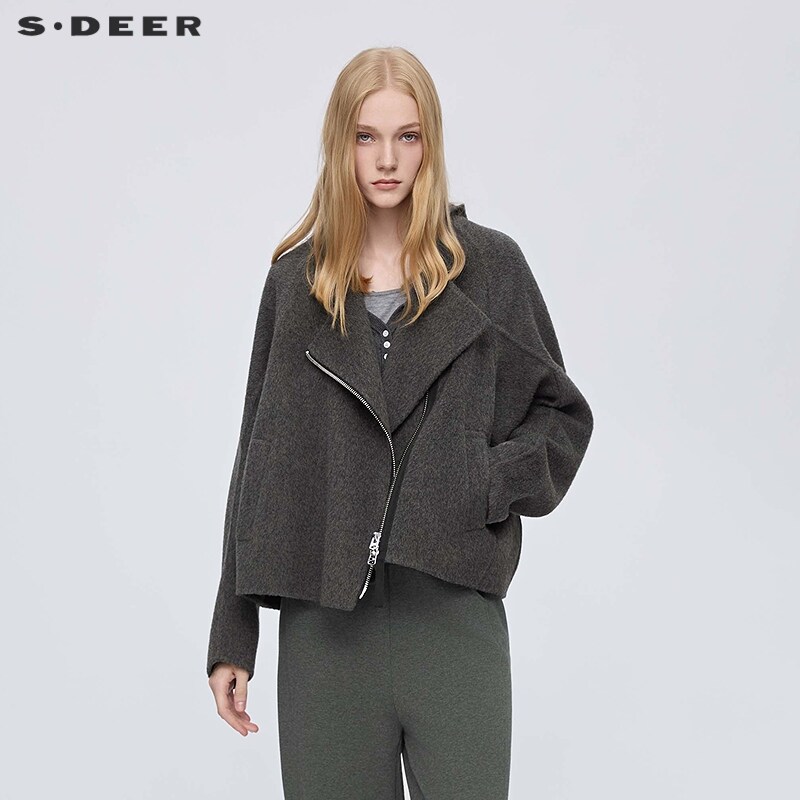 sdeer圣迪奥女装25年新品时尚圆领不规则双面呢短款外套S25