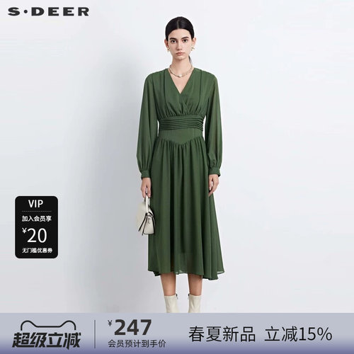 s.deer压褶垂坠雪纺长袖连衣裙