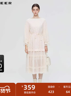 sdeer圣迪奥女装25年新品优雅圆领绣花网纱收腰连衣裙S253Z12B7
