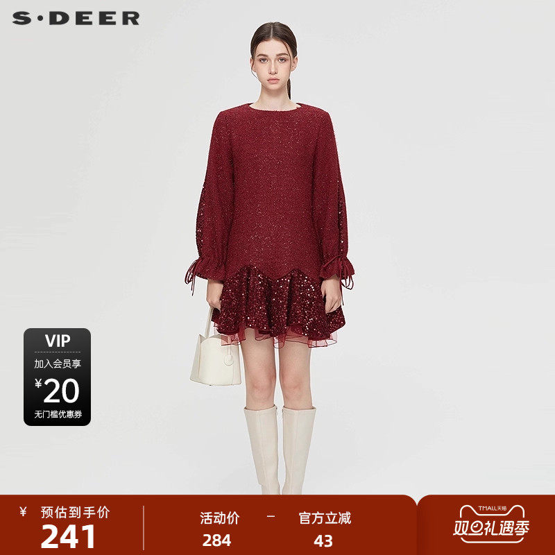 sdeer圣迪奥女装复古圆领系带网纱亮片毛呢外套S234Z226