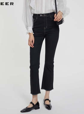 sdeer圣迪奥女装时尚插袋喇叭水洗牛仔长裤S231Z0822