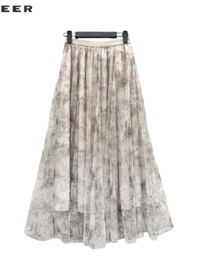 【上新】sdeer圣迪奥女装优雅松紧碎褶晕染网纱A字长裙S242Z1148