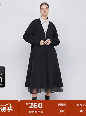 sdeer圣迪奥女装翻领条纹网纱假两件连衣裙S244Z1201