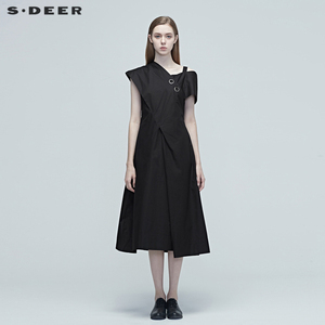 sdeer圣迪奥女装个性拼接褶皱不规则吊带连衣裙S20281280