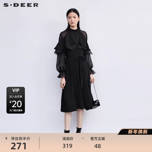 sdeer圣迪奥网纱收腰不规则长袖 连衣裙S223Z128U