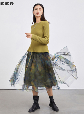 sdeer圣迪奥女装秋圆领印花网纱针织衫连衣裙套装S223Z1421