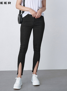 sdeer圣迪奥直筒牛仔裤女个性拼接开衩牛仔长裤女裤子秋S20380818