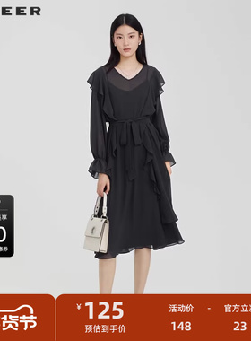 sdeer圣迪奥V领收腰雪纺吊带两件套连衣裙S223Z127F