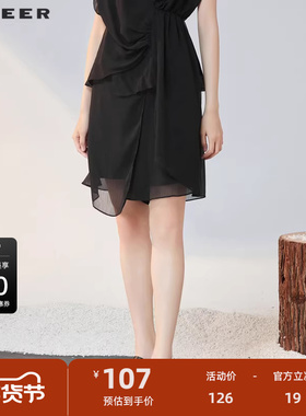 sdeer圣迪奥女装秋休闲系带雪纺黑色A字短裙S223Z1316