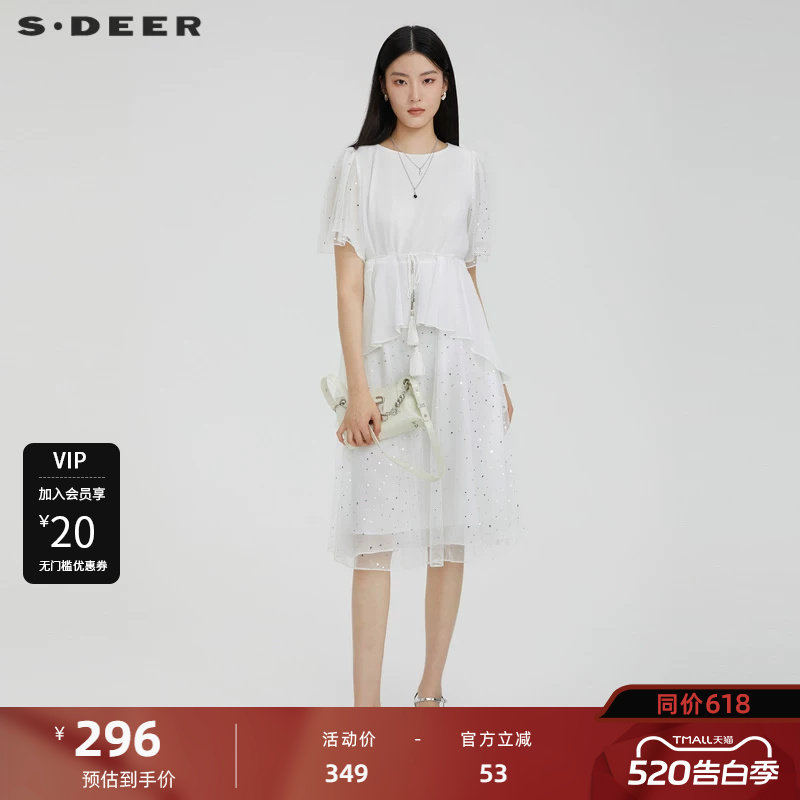 【直播间专属】sdeer圣迪奥圆领收腰网纱泡泡袖连衣裙S232Z