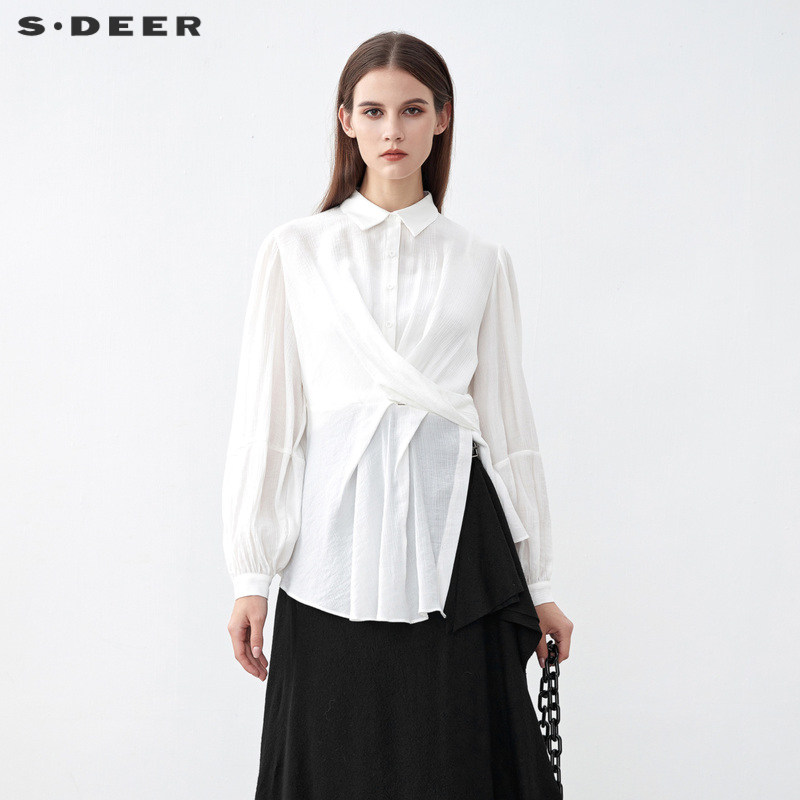 S·DEER圣迪奥女装秋休闲翻领立体裁剪不规则长袖衬衫S2218