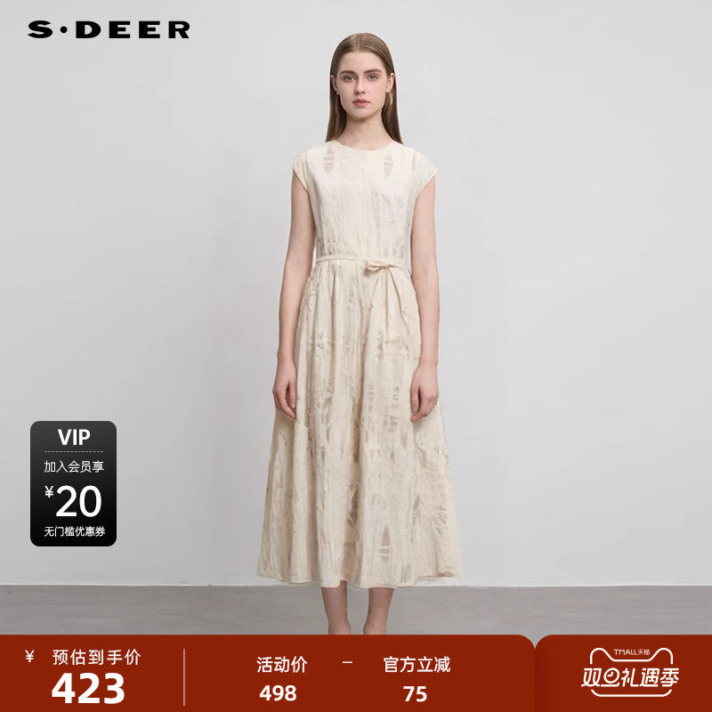 sdeer圣迪奥女装25年新品度假风圆领收腰提花无袖连衣裙S252Z1237