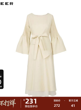 sdeer圣迪奥女装秋圆领压褶收腰网纱喇叭袖连衣裙S241Z1252
