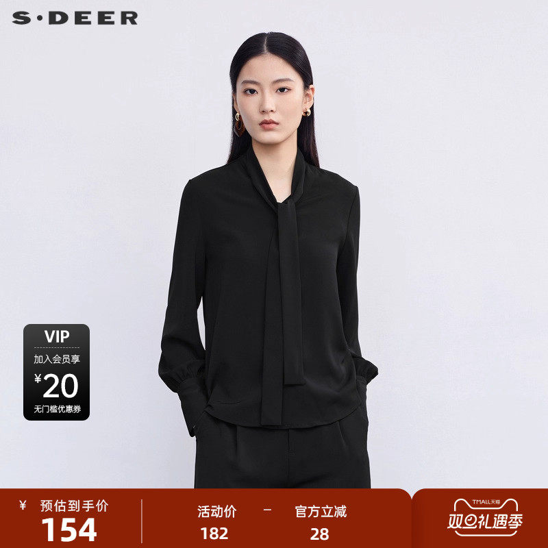 s.deer系带雪纺基本款长袖衬衫