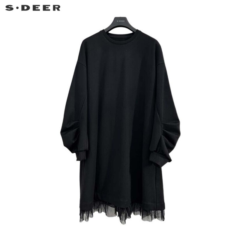 sdeer圣迪奥女装时尚圆领灯笼袖宽松网纱连衣裙S241Z1215
