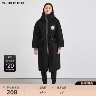 S·DEER圣迪奥女装 连帽收腰撞色字母仿羊羔绒大衣S214Z1876