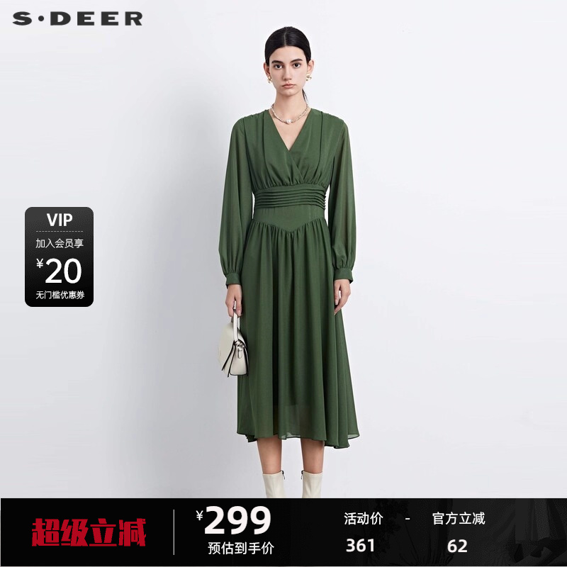 s.deer压褶垂坠雪纺长袖连衣裙