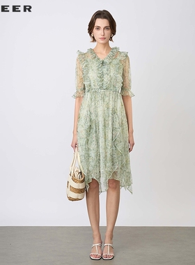 S·DEER圣迪奥荷叶边网纱碎花连衣裙套装S242Z1416