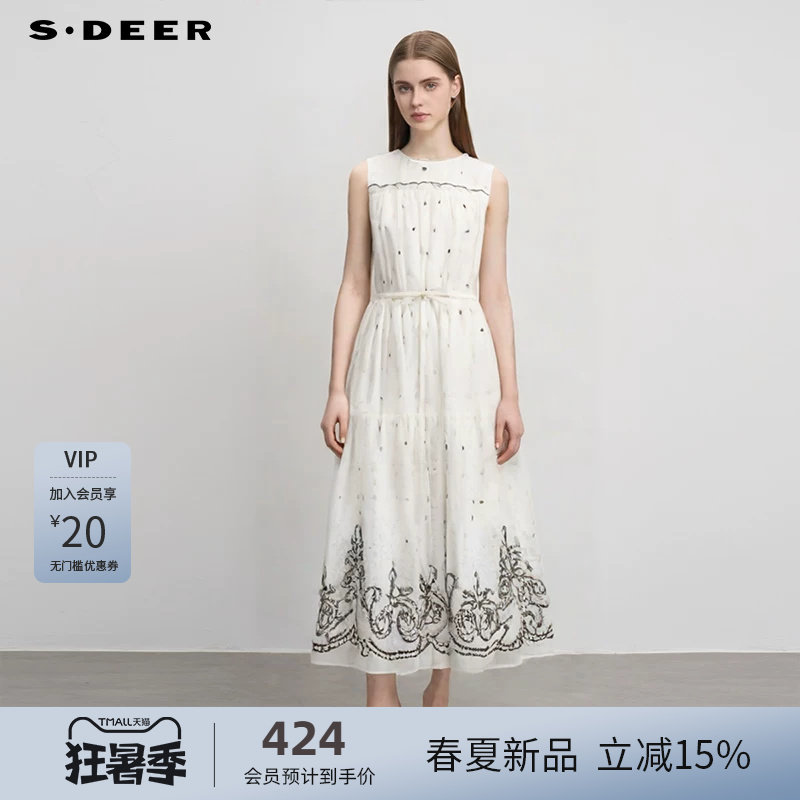 sdeer圣迪奥女装圆领波点绣花收腰无袖连衣裙S252Z1209 - 实物图