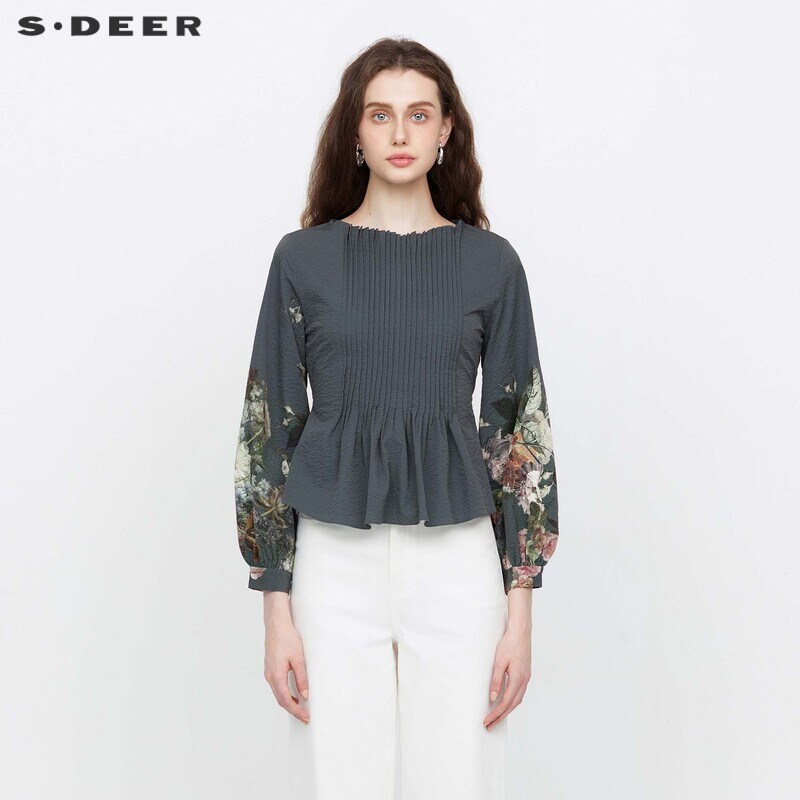 【直播间专属】sdeer圣迪奥风琴褶收腰印花泡泡袖衬衫S233Z0522