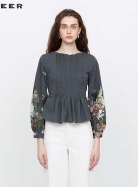 【直播间专属】sdeer圣迪奥风琴褶收腰印花泡泡袖衬衫S233Z0522