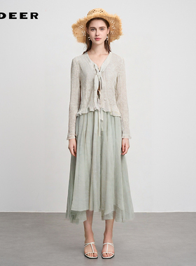 S·DEER圣迪奥女装法式优雅网纱收腰针织衫吊带裙套装S242Z1404