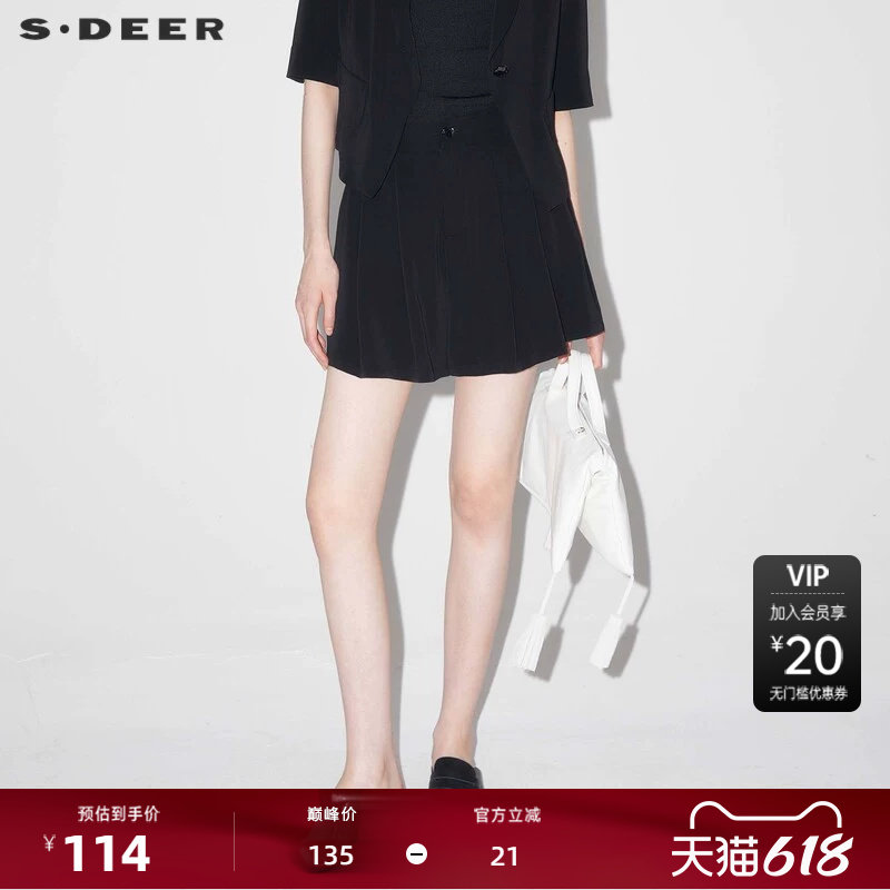 sdeer圣迪奥女装OL风复古高腰压褶插袋A字短裤S24260903