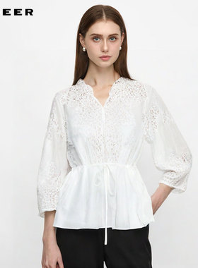 sdeer圣迪奥女装25年新品田园风V领收腰绣花两件套上衣S252Z3224